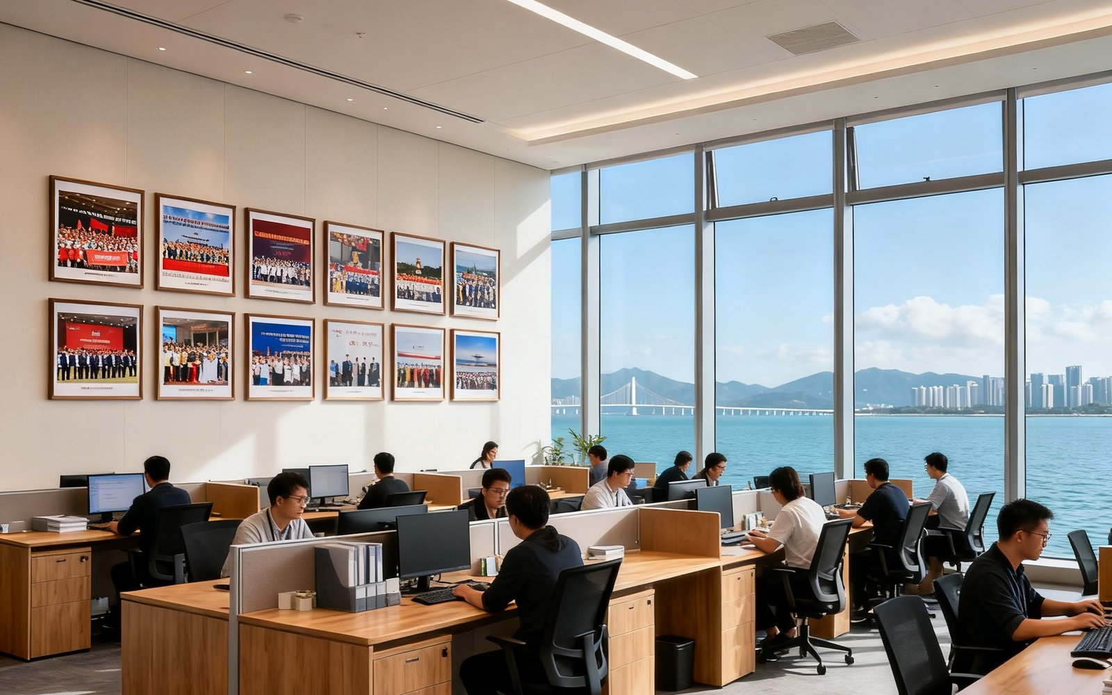 tyc贵宾会深圳南山总部办公区实景，开放式工位区容纳约八十名员工，落地窗外可见深圳湾海景，墙面悬挂着历次大型活动的纪念照片