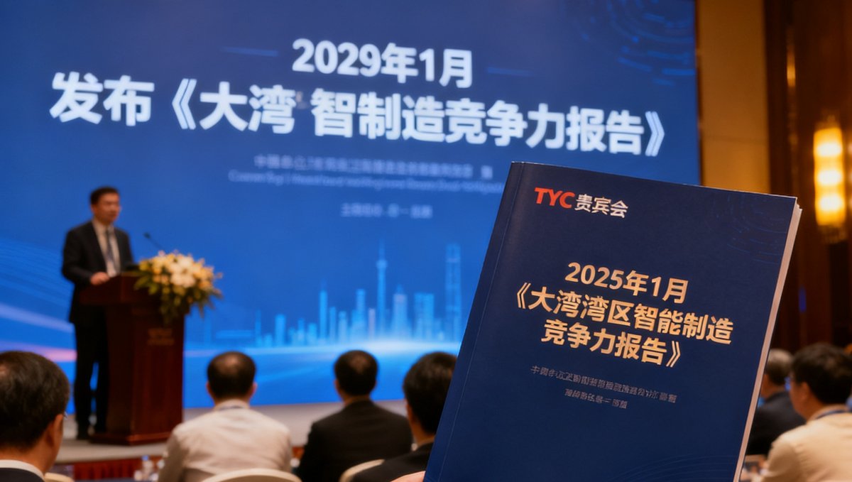 tyc贵宾会2025年1月发布最新白皮书《大湾区智能制造竞争力报告》的现场照片，报告封面为深蓝色调