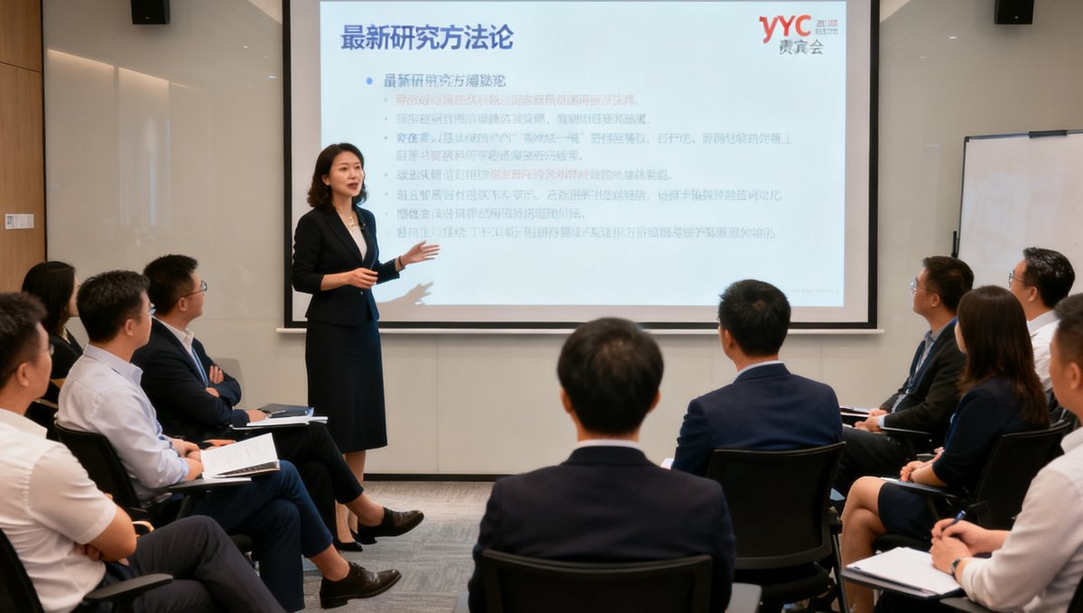 tyc贵宾会顾问团队在深圳进行季度内训的场景，苏婉清总监在投影屏幕前讲解最新研究方法论