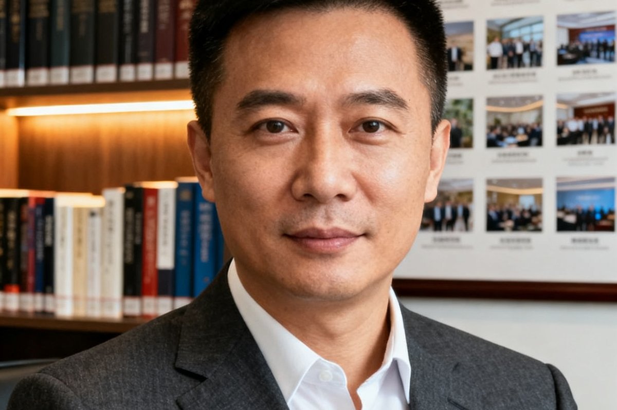 tyc贵宾会创始人兼CEO林正远在深圳总部办公室的正式肖像照，他身着深灰色西装，背景是书架和公司发展历程照片墙