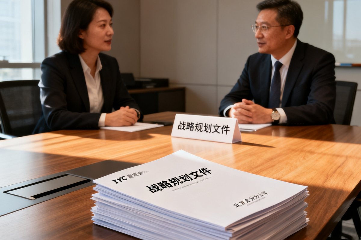 tyc贵宾会顾问合伙人陈志宏在北京分公司与客户会谈的场景，会议桌上摆放着战略规划文件